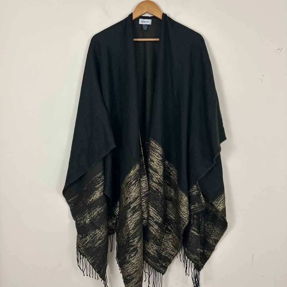 Avenue Metallic Boho Poncho Black Gold Knit Draped Fit Fringed Open Front